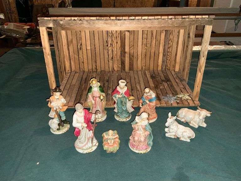 Complete nativity set with handmade manger image