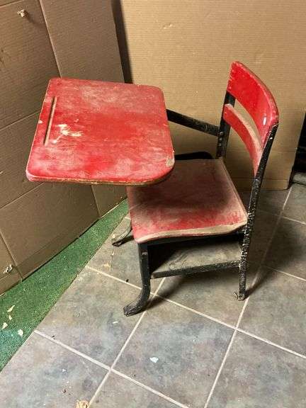 Vintage metal students desk, lamination is separating. image