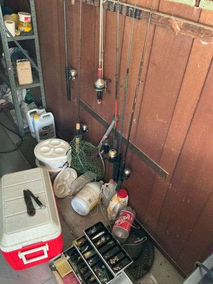 Zebco and other rods and reels, tackle box, supplies, fishing basket image