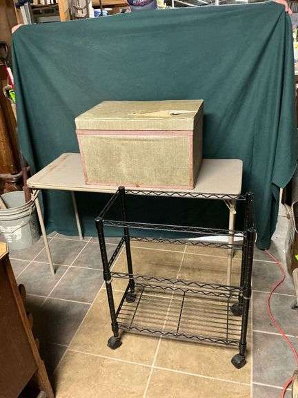 Vintage decorator storage box, rolling cart missing shelves image