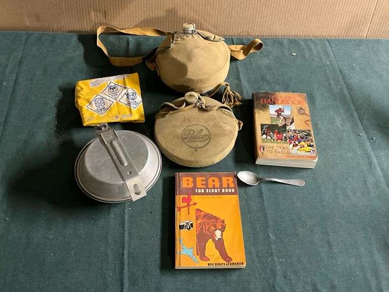 Boy Scout mess kit, scarf, handbook, US spoon image