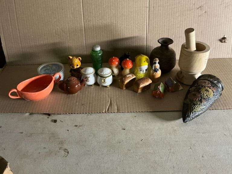 Melmac two handled 4 1/2" W sugar bowl, salt & pepper shakers image