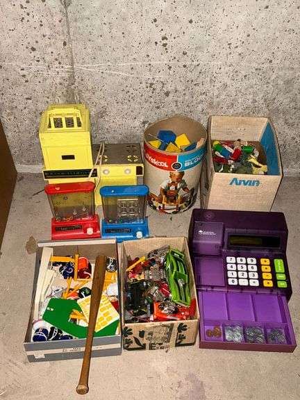 Easy-Bake oven, plastic animals, wooden blocks, Die Cast cars, plastic cash register, etc image