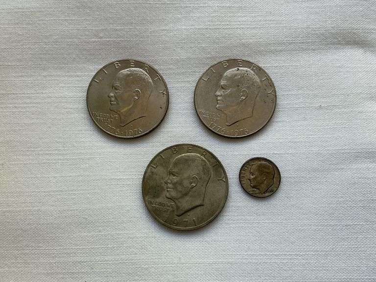 Eisenhower dollars (1) 1971, (2) 1976 and (1) 1959 Roosevelt dime image
