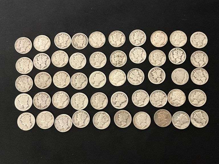 47 Mercury silver dimes, 2 Barber silver dimes and 1 Roosevelt silver dime image