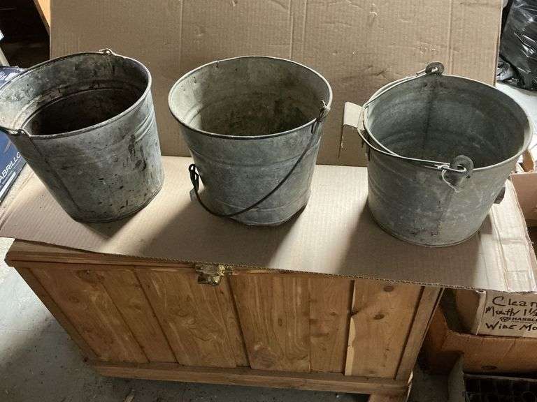 Pair of galvanized buckets and calf feeder bucket. image