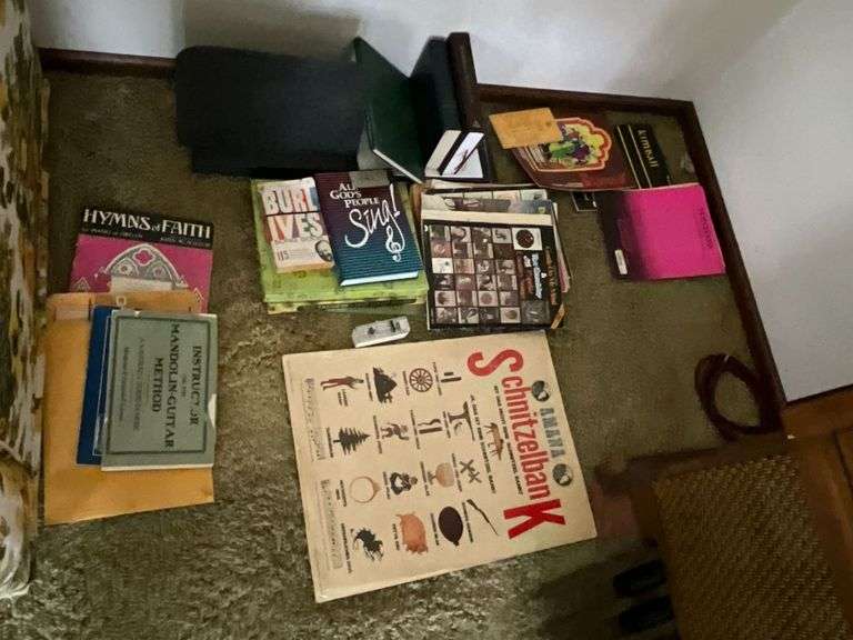 Music books, sheet music, hymnals, music stand, etc. image