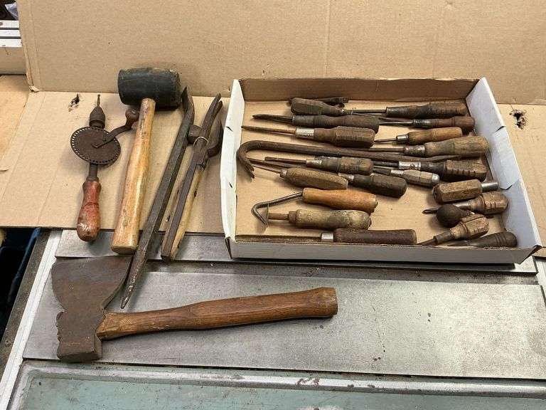 Wooden handled tools, hammers, screwdrivers, hand drill, etc. image