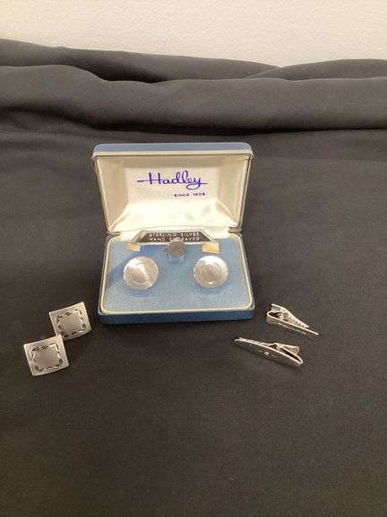 Hadley Sterling Silver Hand Engraved Cufflinks and Tie Tack Set in original box image