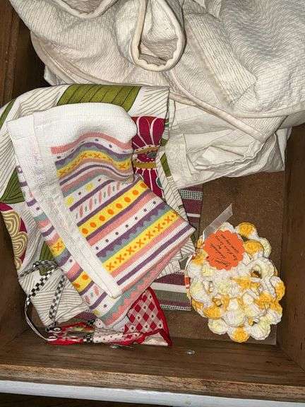 Kitchen linens, folding wooden basket, embroidered tea towels image