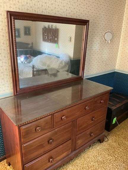 Vintage Solid walnut Davis Cabinet Company 7-drawer dresser with mirror image