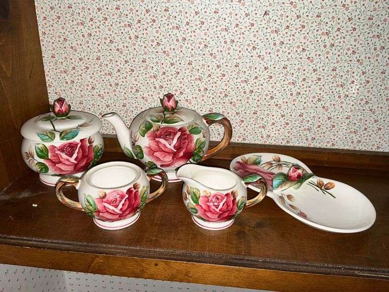 Lefton rose divided tray, teapot, cream and sugar (no lid), etc. image