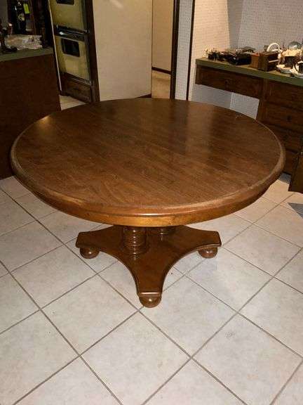 Ethan Allen round double pedestal table with (2) 15" W, 48" W image