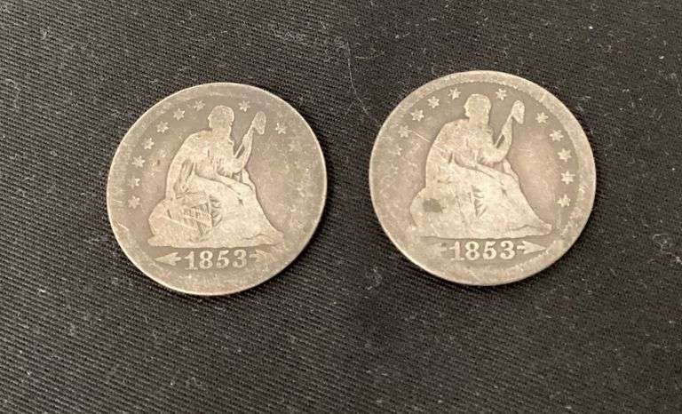 Pair of 1853 seated quarters with arrows and rays image