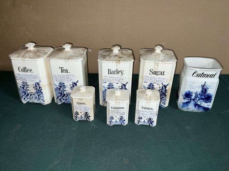 Blue and white canisters, spice jars, salt and pepper image