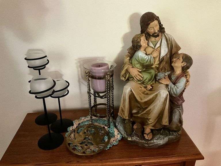 Candle holders and statue, brass trivet, etc. image