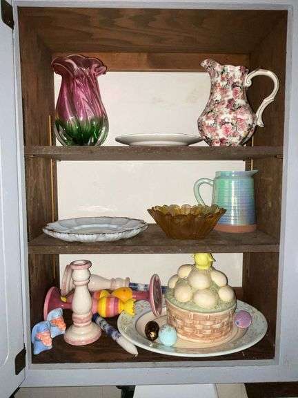 Easter dishes, milk glass egg plate, ceramic cookie jar image