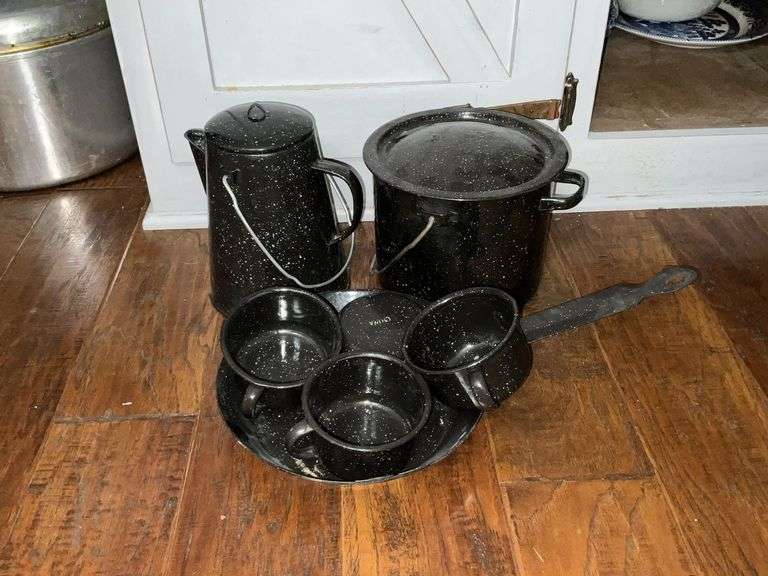 Black graniteware coffee pot, skillet image