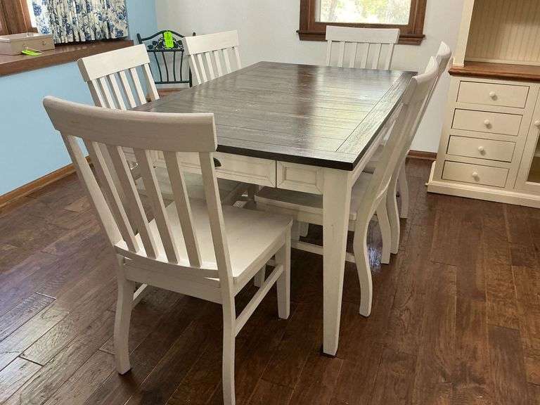 Farmhouse table with drawers on each end, 64" x 40", damage to top image
