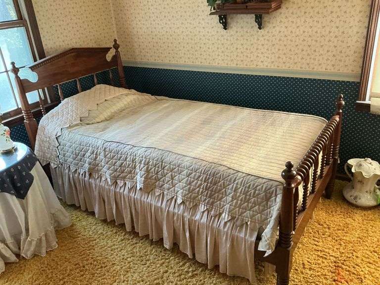 Vintage solid wood twin size bed with mattress, box springs and linens image