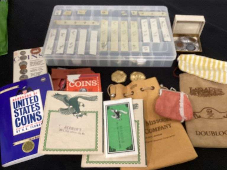 Eagle stamp books with some stamps, Central Missouri Trust Company drawstring bag image