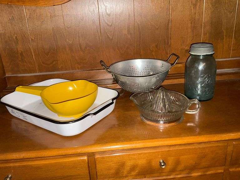 Metal strainer, Blue Ball jar, juicer image