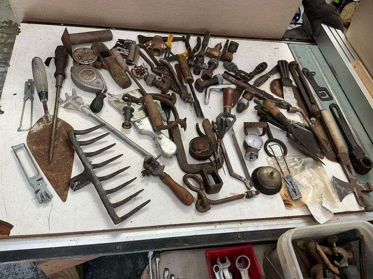 Small tools, hardware, rusty goods, some vintage, ratchet wrench, etc. image