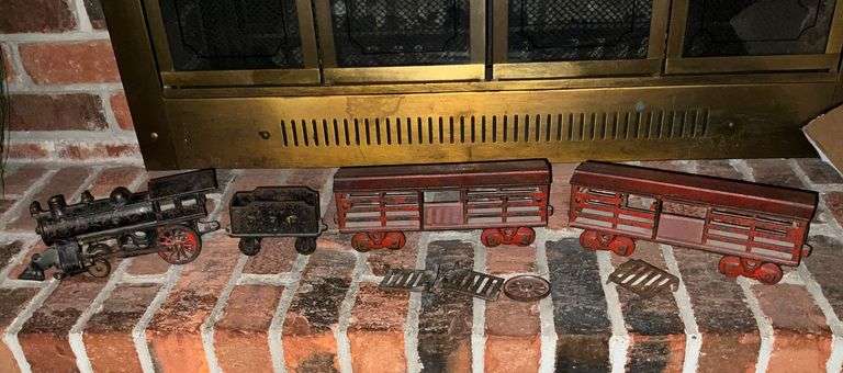 Vintage cast iron train, engine, PBR coal car and 2 cattle cars. image