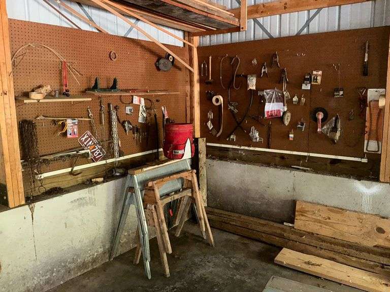Contents of corner pegboard, 2 metal sawhorses image
