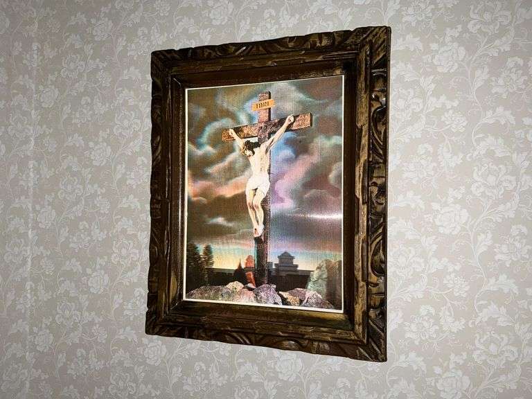 Religious chalk plaque and crucifix picture image