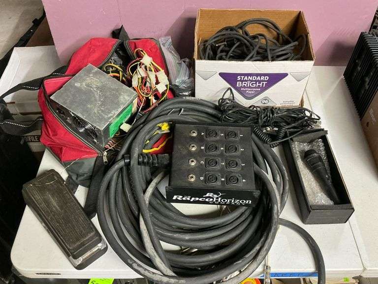 Radio Shack microphone, Rapco Horizon cable splitter box stage Soundsystem image