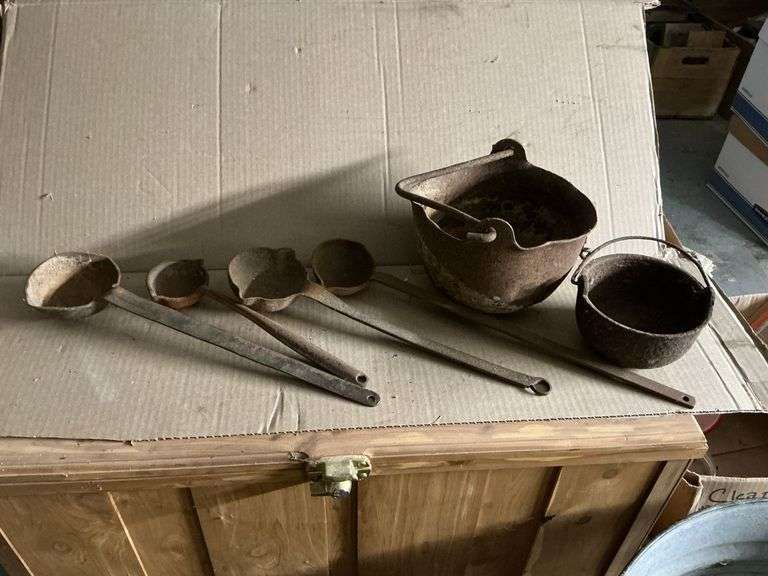 2 cast iron lead melting pots with handle image