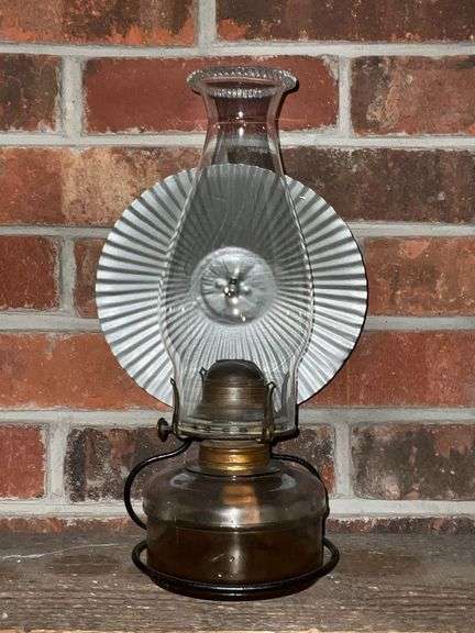 No. 2 Queen Anne Oil lamp with reflector and wall rack. image