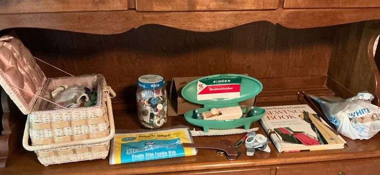 Sewing basket, jar of buttons, Singer buttonhole attachment, sewing box, etc. image