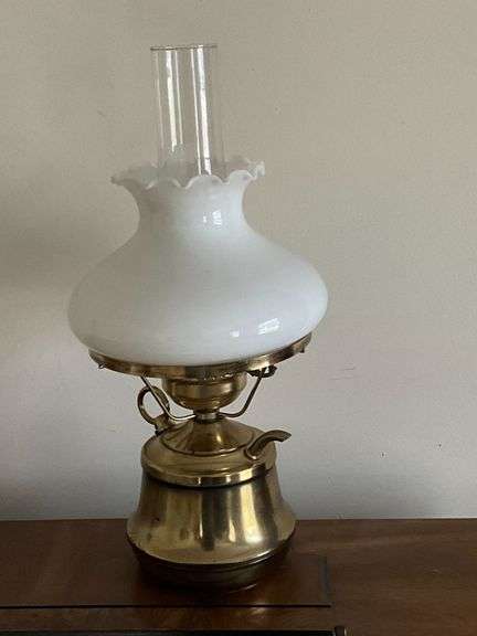 Brass lamp with glass shade, 17" T image