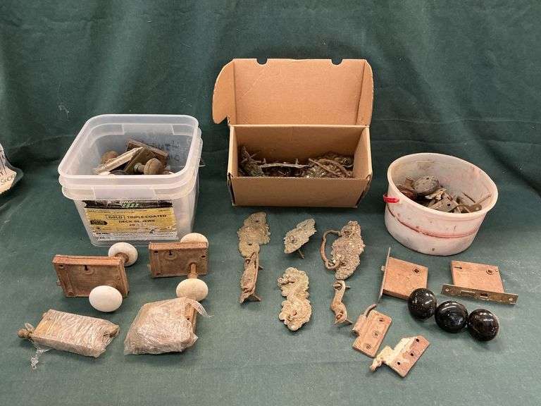 Antique door knobs, hinges, door locks image