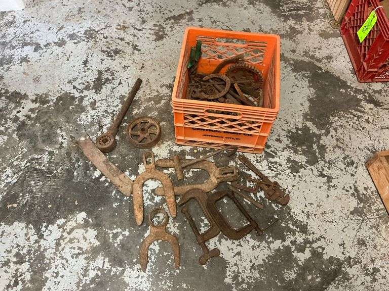 Vintage tools, C-clamps, pipe wrench, picks, draw knife, trowel, etc. image