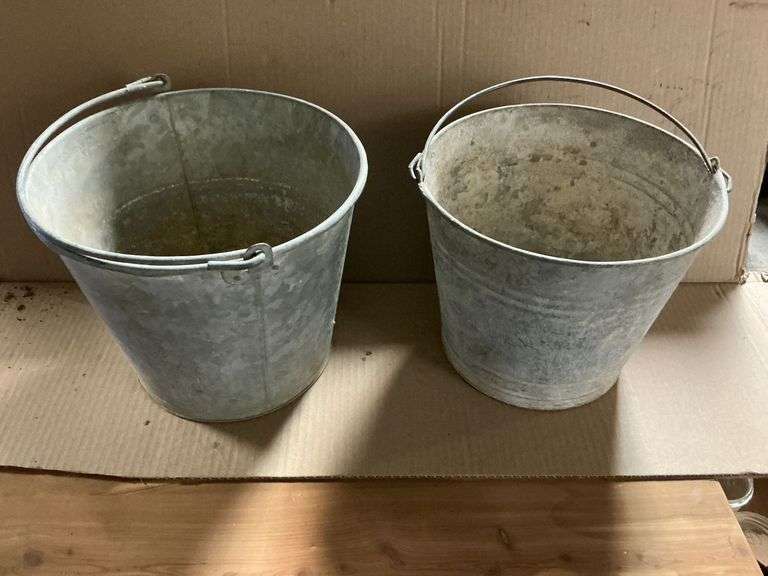 Pair of galvanized buckets. image