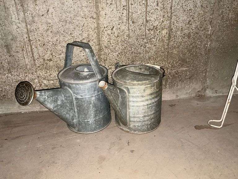 Pair of galvanized watering cans image