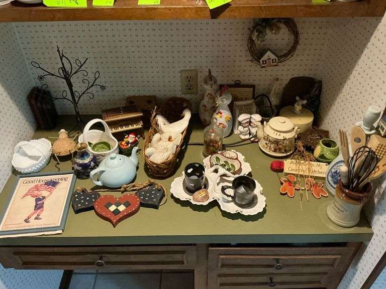 Crock with wooden utensils, teapots, mouse butter dish, wreath image