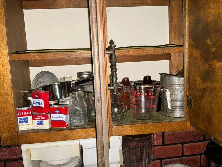 Vintage spice tins, jars, flour sifter, cheese crocks, measuring cup, etc. image