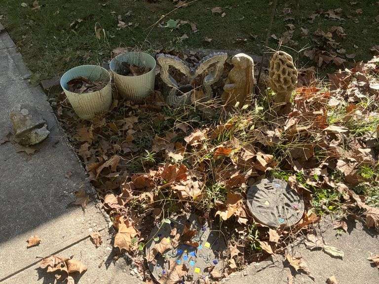Garden decorations, shepherds hooks, flower pots image