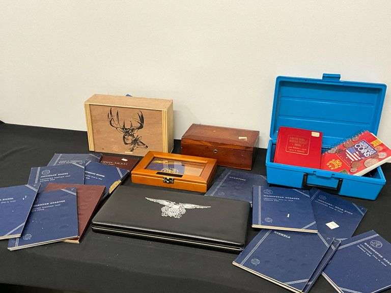 Empty coin albums, plastic tote, wooden box, etc. image