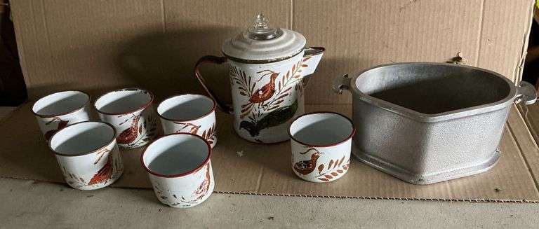 Enamel hand painted coffee pot and cups image
