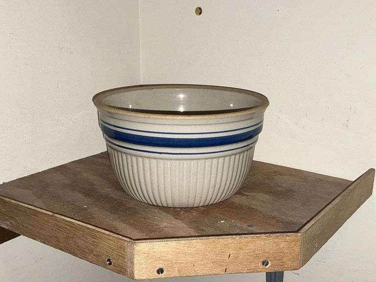 Crock bowl with blue band, chip and small crack image