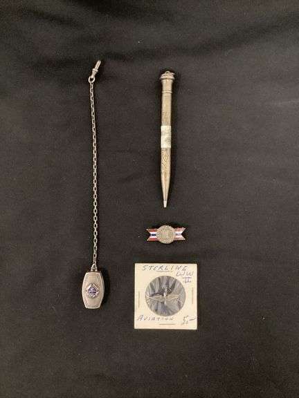 Knights of Columbus sterling watch chain, Army-Navy Production Award sterling pin image