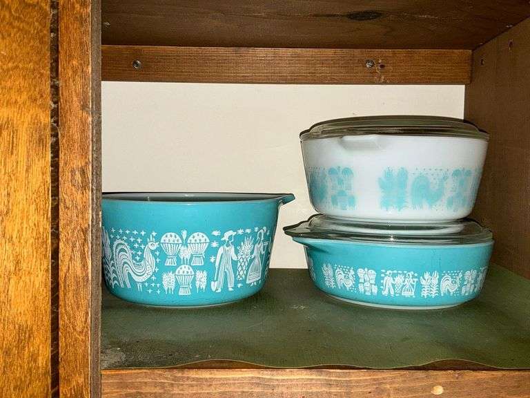Set of 3 PYREX Amish Butter Print white and turquoise dishes, largest without a lid image