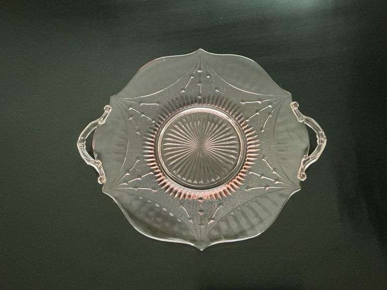 Pink Depression two-handled tray with chip on base image