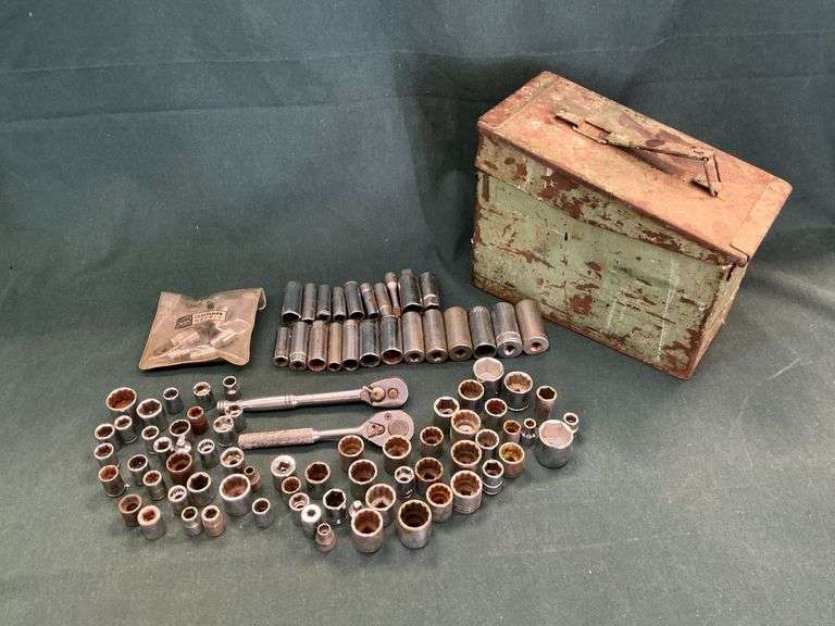Metal ammo can 11" L x 6" W x 7" T with assortment of sockets 3/8" drive image