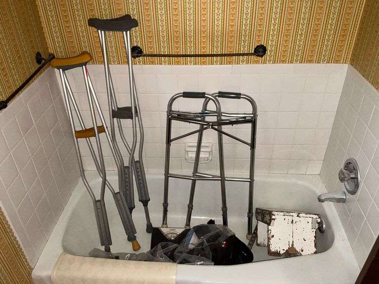 Medical supplies, walker, knee brace, wooden stool, exercise ball image